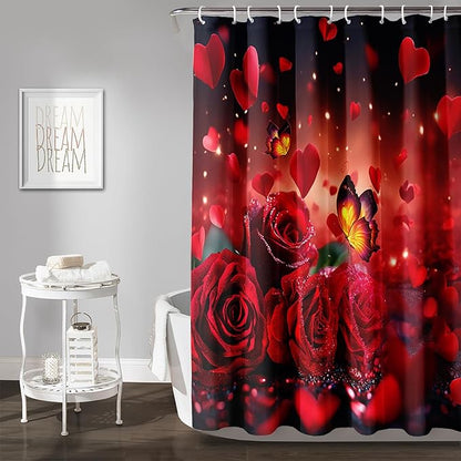 AILONEN 3D Rose Shower Curtain for Bathroom, Red Rose Hearts Print Bath Curtain,Romantic Rose Flower Shower Curtain Decoration Waterproof with 12 Plastic Hooks, 48" W*72" H