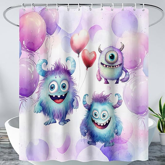 AILONEN Monster Shower Curtain for Bathroom, Cute Monster Purple Balloon Printed Bath Curtain,Women Girls Kids Minimalist Waterproof Fabric Shower Curtain Set with Hooks 72" W*72" H