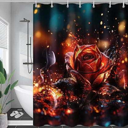 AILONEN 3D Rose Shower Curtain for Bathroom, Romantic Flame Smoky Rose Flower Bath Curtain,Burning Rose Shower Curtain Decoration Waterproof with 12 Plastic Hooks, 72" W*96" H