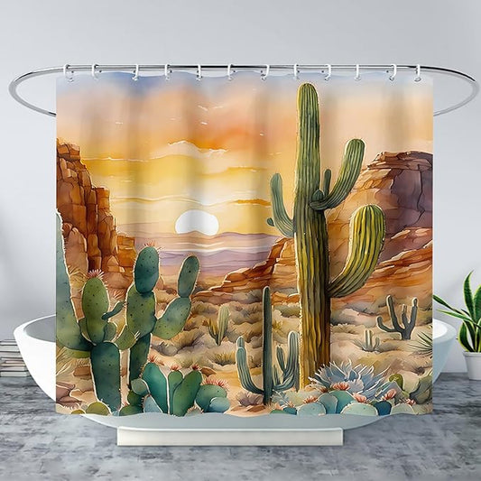 AILONEN Watercolor Cactus Shower Curtain,Orange Succulent Flower Waterproof Shower Curtains Set for Boys Kids Teens, 60" W*72" H Sunset Mountains Cactus Forest Shower Curtain