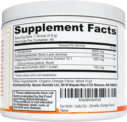 Doctor Danielle Gut Assist - Leaky Gut Repair Supplement Powder - Glutamine, Arabinogalactan, Licorice Root - Supports IBS, Heartburn, Bloating, Gas, Constipation, SIBO from, Orange Flavor