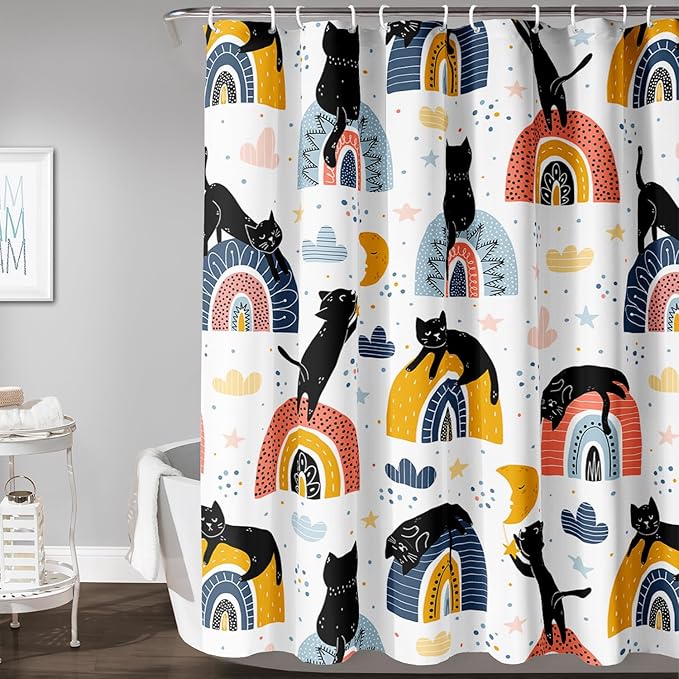 AILONEN Cat Shower Curtain, Rainbow Cat Bath Curtain,Cute Black Cat Bathroom Curtain Decor,Cat Lover Polyester Waterproof 72" W*72" H Shower Curtain (12 Hooks)