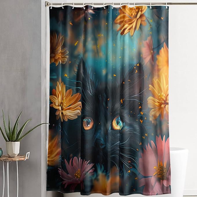 AILONEN Cute Black Cat Shower Curtain Set, Yellow Flower Kitty Cloth Shower Curtain Curtain for Bathroom,Cat Lovers Animal Shower Curtain Liner for Kids Boys Girls,72" W*78" H