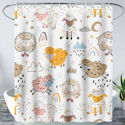 AILONEN Cute Sheep Kids Shower Curtain for Bathroom,Sheep Moon Clouds Kids Creative Rainbow Waterproof Bath Curtain,Modern Minimalist White Curtain with 12 Plastic Hooks(48" W*72" H)
