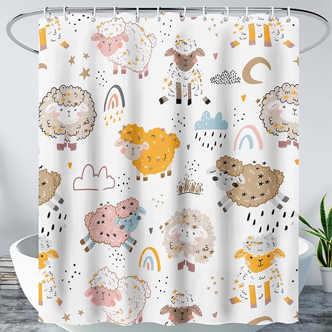 AILONEN Cute Sheep Kids Shower Curtain for Bathroom,Sheep Moon Clouds Kids Creative Rainbow Waterproof Bath Curtain,Modern Minimalist White Curtain with 12 Plastic Hooks(72" W*72" H)