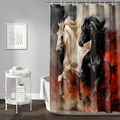 AILONEN 3D Horse Shower Curtain,Black White Galloping Horses Waterproof Fabric Shower Curtains for Bathroom,Farmhouse Animals Bath Curtain Set with Hooks, 60" W*72" H
