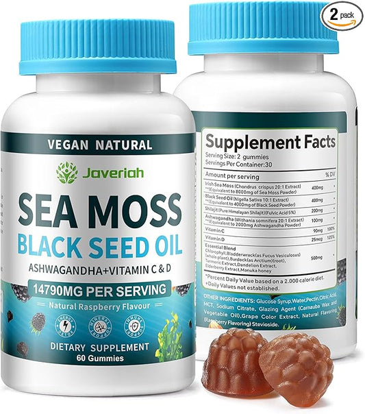2Pack Supervegan Sea Moss Gummies with Black Seed Oil,Ashwagandha, Vitamin C&D for Immune Support, Digestive, Antioxidant 13 in 1 Bundle, Sea Moss Chlorophyll Advanced Strength Formula 120 Gummies