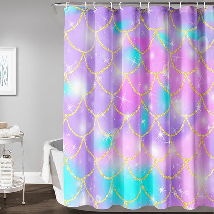 AILONEN Mermaid Scale Shower Curtain,Purple Mermaid Scale Bath Curtain for Girls Bathroom,Polyester Waterproof for Shower with 12 Plastic Hooks 72" W*72" H