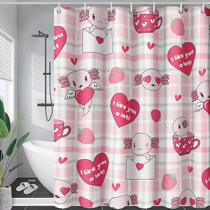 AILONEN Axolotl Shower Curtain Pink Love Hearts Print Bath Curtain Girls Women Adults Strawberry Grid Shower Curtain 72" W*78" H Bathroom Curtain Decor Polyester Waterproof Curtain with 12 Hooks