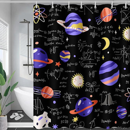 AILONEN Solar System Shower Curtain,Math Galaxy Purple Planet Bath Curtain for Bathroom Decor,Cartoon Planet Polyester Waterproof with 12 Plastic Hooks 72" W*84" H