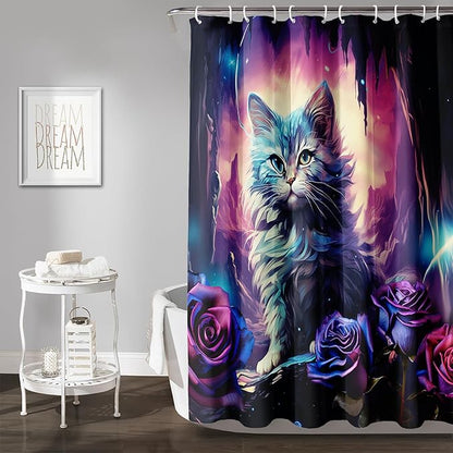 AILONEN Cool Cat Shower Curtains,Purple Rose Cat Bath Curtains for Bathroom Decor,Cave Cat Curtains for Kids,72" W*78" H Polyester Waterproof with 12 Plastic Hooks