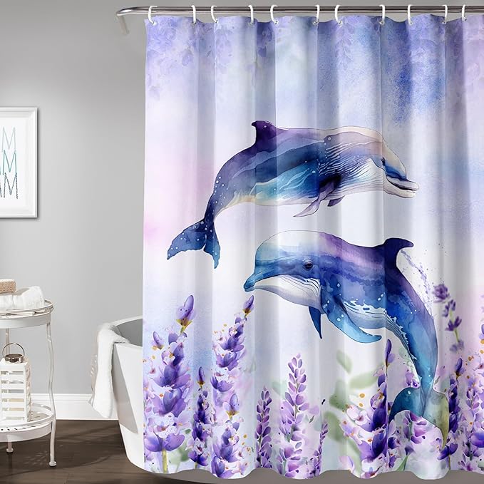 AILONEN Watercolor Dolphin Shower Curtain, Cute Dolphin Lavender Flower Bath Curtain,Modern Minimalist Purple Waterproof Fabric Shower Curtain Set with Hooks 72" W*96" H