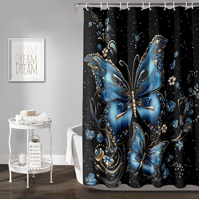 AILONEN Butterfly Shower Curtain for Bathroom, Blue Butterfly Waterproof Shower Curtain,Modern Fashion Minimalist Shower Curtain Bathroom Decor with 12 Plastic Hooks 60" W*72" H