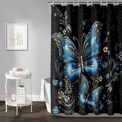 AILONEN Butterfly Shower Curtain for Bathroom, Blue Butterfly Waterproof Shower Curtain,Modern Fashion Minimalist Shower Curtain Bathroom Decor with 12 Plastic Hooks 60" W*72" H