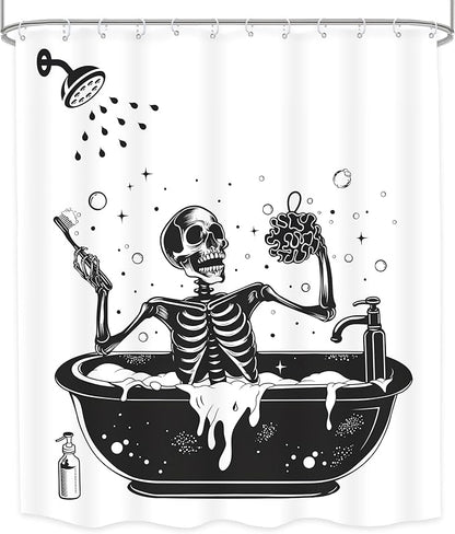 LGhtyro Funny Skull Shower Curtain Bathroom Set 71Wx71H Inches Black White Gothic Skeleton Bone Bathing in Bathtub Bubbles Spooky Cool Bath Accessories for Men Boys Art Home Decor Fabric 12 Pack Hooks