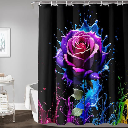 AILONEN Purple Rose Flower Shower Curtain for Bathroom,Splash-Ink Rose Bath Curtain for Kids Girls Women,Romantic Minimalism Curtain Waterproof with 12 Plastic Hooks, 36" W*72" H