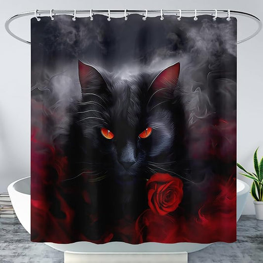AILONEN 3D Black Cat Shower Curtain,Cat with Red Rose Polyester Cloth Bath Curtain Set for Kids Boys,Fog with Flowers Waterproof Shower Curtain for Bathroom, 72" W*78" H Black