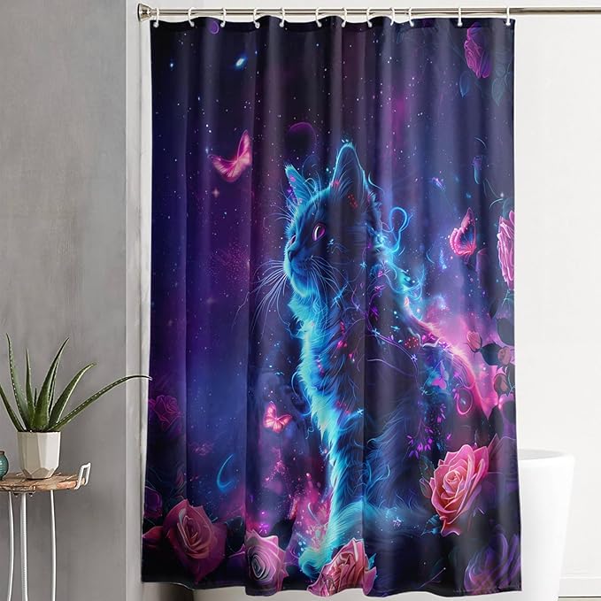AILONEN 3D Rose Cat Shower Curtain Set, Beautiful Kitten with Butterfly Shower Curtain Liner for Kids Boys Girls,Boho Galaxy Shower Curtain for Bathroom,72" W*84" H