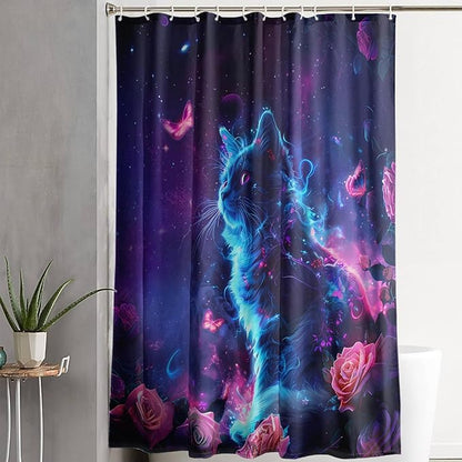 AILONEN 3D Rose Cat Shower Curtain Set, Beautiful Kitten with Butterfly Shower Curtain Liner for Kids Boys Girls,Boho Galaxy Shower Curtain for Bathroom,72" W*84" H