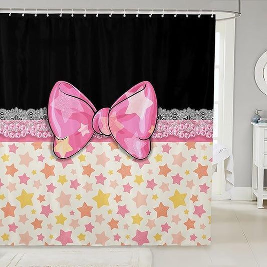 Feelyou Bowknot Shower Curtain 72"x72" Kids Galaxy Starts Print Bathroom Shower Curtain Set for Boys Girls Teens Butterfly Romantic Princess Style Bath Curtain Black Pink Bathroom Accessories