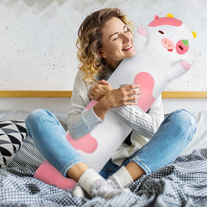Long Cow Plush Kawaii Kids Plush Toy Pillows, Cute Cow Stuffed Animals Soft Plushies, Kitten Big Plush Toys Throw Body Pillow Doll Gift for Girls Boys (Strawberry Cow 44 Inch