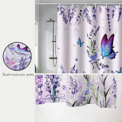 AILONEN Girls Butterfly Shower Curtain for Bathroom, Blooming Lavender Flower Purple Bath Curtain 36" W*72" H Polyester Fabric Waterproof Bathroom Curtain with 12 Hooks