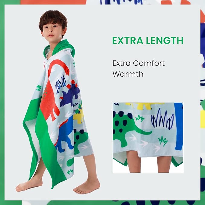 BANGSAUR Kids Hooded Beach Bath Towels, 100% Cotton 50"x30" Wrap Blanket, Toddlers Boys 3-12 Years Coverup Towel Dinosaurs