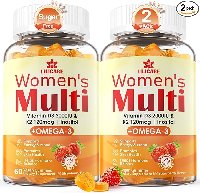 Womens Multivitamin Gummies, Sugar-Free Methylated Multivitamins w/D3 + K2, Vegan Omega 3, Algae Calcium, Daily Vitamin A C E B6 B12 Folate, Inositol, Minerals for Energy, Mood, Bone, Hormore, 120 Cts