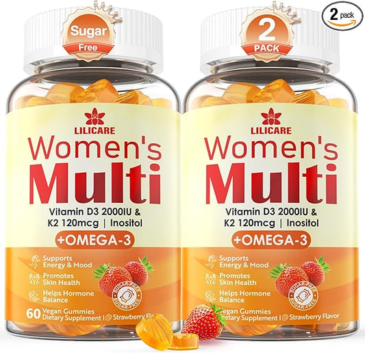 Womens Multivitamin Gummies, Sugar-Free Methylated Multivitamins w/D3 + K2, Vegan Omega 3, Algae Calcium, Daily Vitamin A C E B6 B12 Folate, Inositol, Minerals for Energy, Mood, Bone, Hormore, 120 Cts