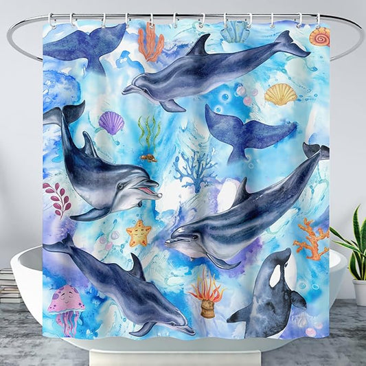 AILONEN Cute Cartoon Whale Shower Curtain,Kawaii Marine Animal Whale Bathroom Curtain for Kids Girls Boys,Blue Tie Dye Bath Curtain Set,Seaweed Fabric Shower Curtains for Bathroom, 72" W*78" H