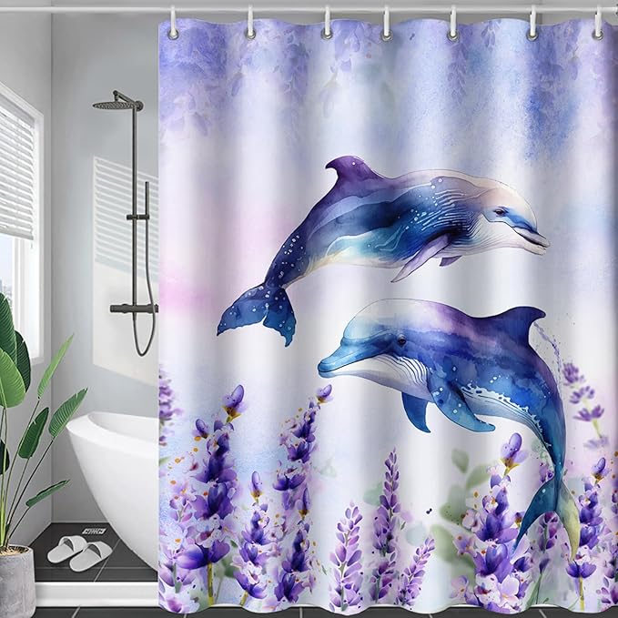 AILONEN Watercolor Dolphin Shower Curtain, Cute Dolphin Lavender Flower Bath Curtain,Modern Minimalist Purple Waterproof Fabric Shower Curtain Set with Hooks 72" W*96" H