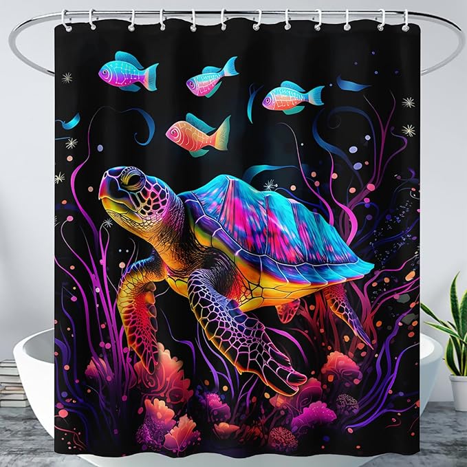 AILONEN Colorful Sea Turtle Shower Curtain for Bathroom,Beautiful Turtle with Fish Bath Curtain for Kids,Boys,Girls,Ocean Animal Theme Waterproof Fabric Shower Curtain Set with Hooks,60" W*72" H