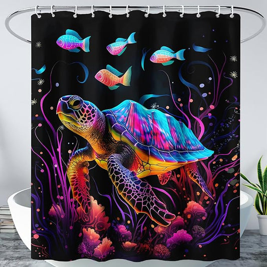 AILONEN Colorful Sea Turtle Shower Curtain for Bathroom,Beautiful Turtle with Fish Bath Curtain for Kids,Boys,Girls,Ocean Animal Theme Waterproof Fabric Shower Curtain Set with Hooks,60" W*72" H