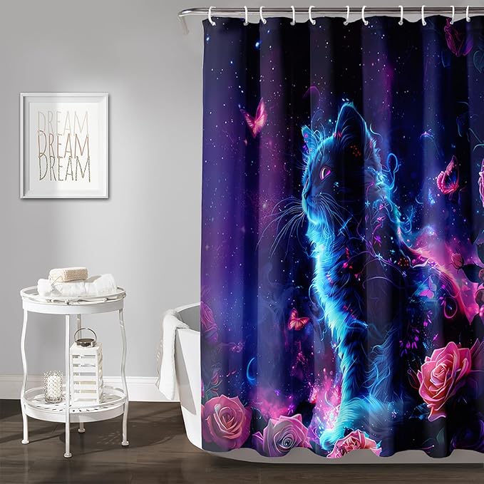 AILONEN 3D Rose Cat Shower Curtain Set, Beautiful Kitten with Butterfly Shower Curtain Liner for Kids Boys Girls,Boho Galaxy Shower Curtain for Bathroom,72" W*84" H