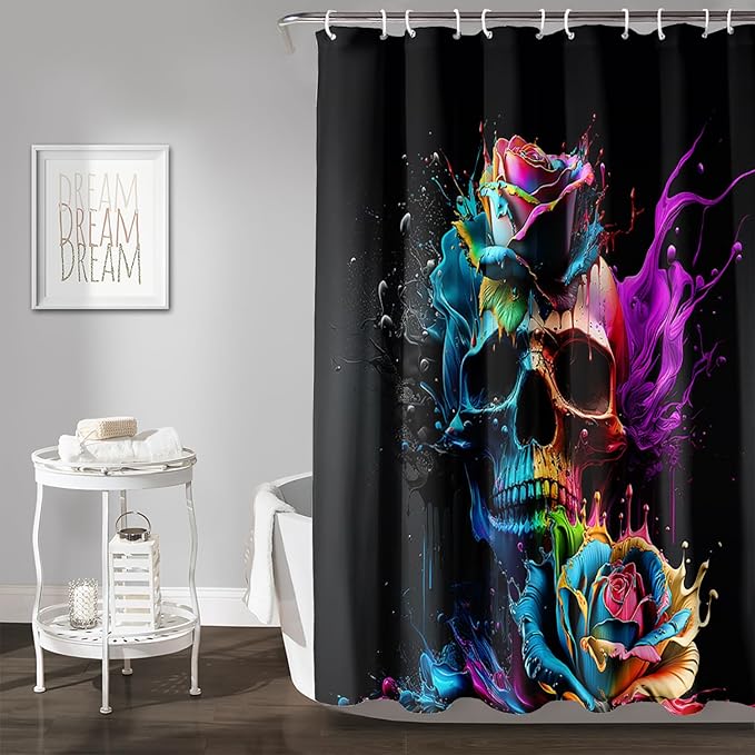 AILONEN 3D Sugar Skull Shower Curtain,Colorful Rose with Skeleton Design Shower Curtain Set with Hooks for Boys Girls Teens,Colour Inkjet Theme72 W*96" H