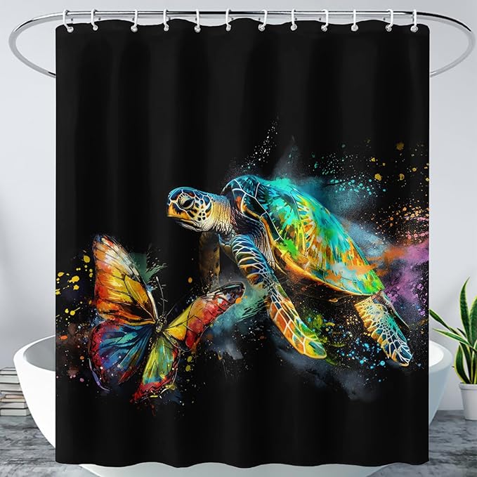 AILONEN Sea Turtle Shower Curtain, Tie Dye Turtle and Butterfly Bathroom Curtain,Minimalist Black Bath Curtain 72" W*96" H Polyester Waterproof Bathroom Curtain with 12 Hooks
