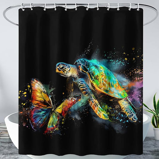 AILONEN Sea Turtle Shower Curtain, Tie Dye Turtle and Butterfly Bathroom Curtain,Minimalist Black Bath Curtain 72" W*96" H Polyester Waterproof Bathroom Curtain with 12 Hooks