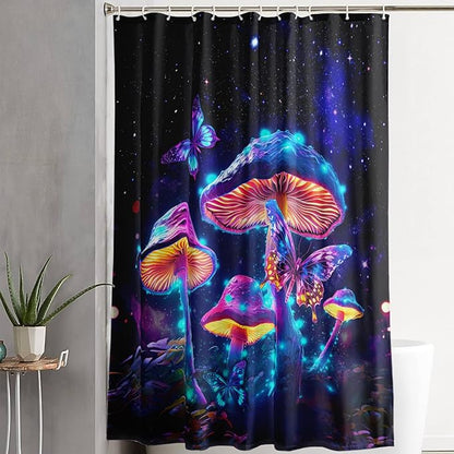 AILONEN Magic Mushroom Shower Curtain for Kids Girls,Glowing Mushrooms and Starry Night Waterproof Fabric Shower Curtain for Bathroom,Butterfly Plants Shower Curtain Set with Hooks,72" W*84" H