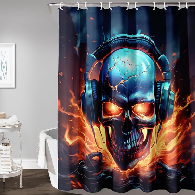 AILONEN Headset Skull Shower Curtain,Hip Hop Skeleton Fire Skull Bath Curtain,Cool Skull Decoration Bathroom Curtain with 12 Plastic Hooks,Waterproof 72" W*96" H