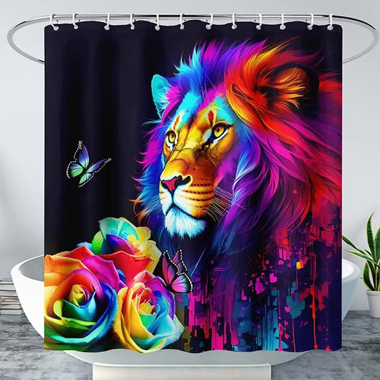 AILONEN Colorful Lion Shower Curtain for Kids Boys Teens,Rose Flower Graffiti Lion Bath Curtain for Bathroom Decor,Romantic Polyester Waterproof with 12 Plastic Hooks 48" W*72" H