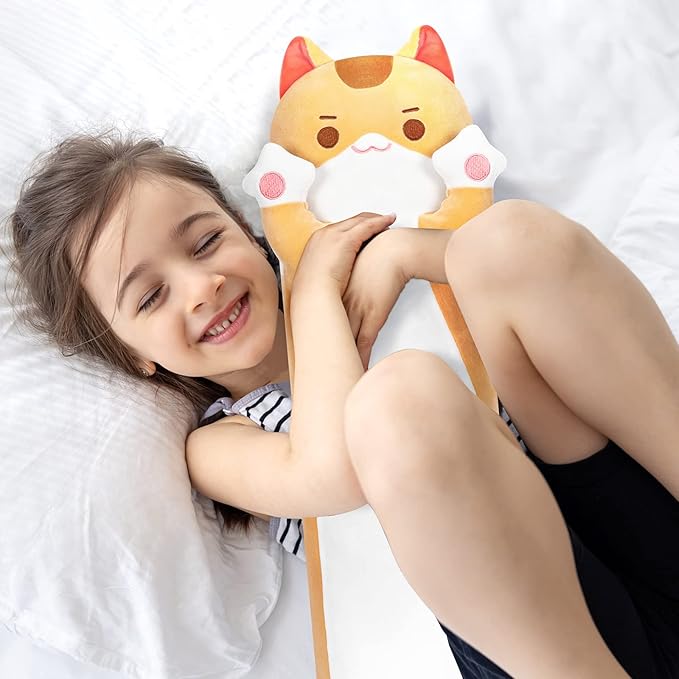 Long Cat Plush Kawaii Body Pillow, 20” Cute Brown Cat Stuffed Animals Soft Plushies, Orange Kitten Plush Throw Pillow Doll Toy Gift for Girlfriend