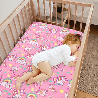JISEN Baby Crib Sheets Soft Breathable Unicorns Fitted Crib Sheets Pink Baby Sheet for Standard Crib and Toddler Mattress Baby Bed Sheets for Crib for Baby Boys Girls Neutral 52x28 Inch