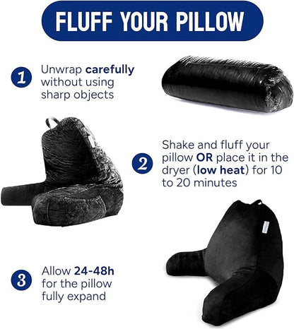 ComfortSpa Reading Pillow for Bed Adult Size, Back Rest Pillow with Arms, Pockets, Washable Cover; Use as Back Pillow for Bed Sitting Up for Bedrest or Relief from GERD Heartburn (Large Black)