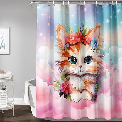 AILONEN Kawaii Cat Shower Curtains,Pink Sky Flora Cat Bath Curtains Gifts for Cat Lover,Cartoon Cat Curtains,Polyester Waterproof with Plastic Hooks 36" W*72" H