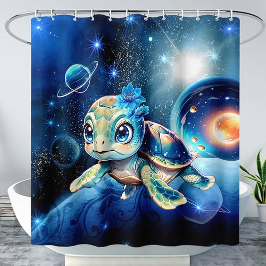 AILONEN 3D Sea Turtle Shower Curtain for Bathroom, Cute Turtle Blue Space Galaxy Bath Curtain,Kids Kawaii Ocean Turtle Decorative Watercolor Curtain with 12 Plastic Hooks for Boys Girls 48" W*72" H