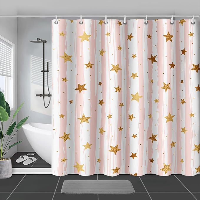 AILONEN Stars Shower Curtain, Pink Striped and Gold Stars Waterproof Shower Curtain,Simple Vintage Style Shower Curtain Liner for Girls Women Adults,72" W*96" H
