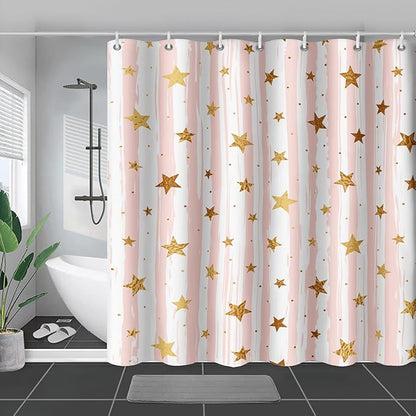 AILONEN Stars Shower Curtain, Pink Striped and Gold Stars Waterproof Shower Curtain,Simple Vintage Style Shower Curtain Liner for Girls Women Adults,72" W*96" H