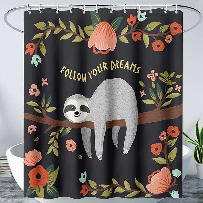 AILONEN Kawaii Sloth Shower Curtain for Bathroom Decor,Floral Sloth Bath Curtain for Kids Boys Girls,Polyester Waterproof 36" W*72" H with 12 Plastic Hooks