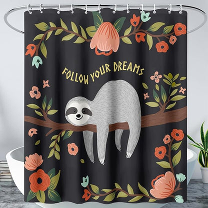 AILONEN Kawaii Sloth Shower Curtain for Bathroom Decor,Floral Sloth Bath Curtain for Kids Boys Girls,Polyester Waterproof 36" W*72" H with 12 Plastic Hooks