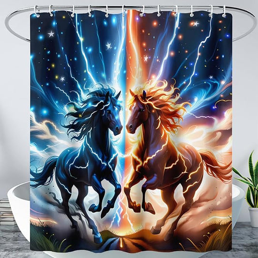 AILONEN 3D Horse Shower Curtain,Bohemian Lightning Galloping Horses Waterproof Fabric Shower Curtains for Bathroom,Animals Theme Bath Curtain Set with Hooks, 72" W*96" H